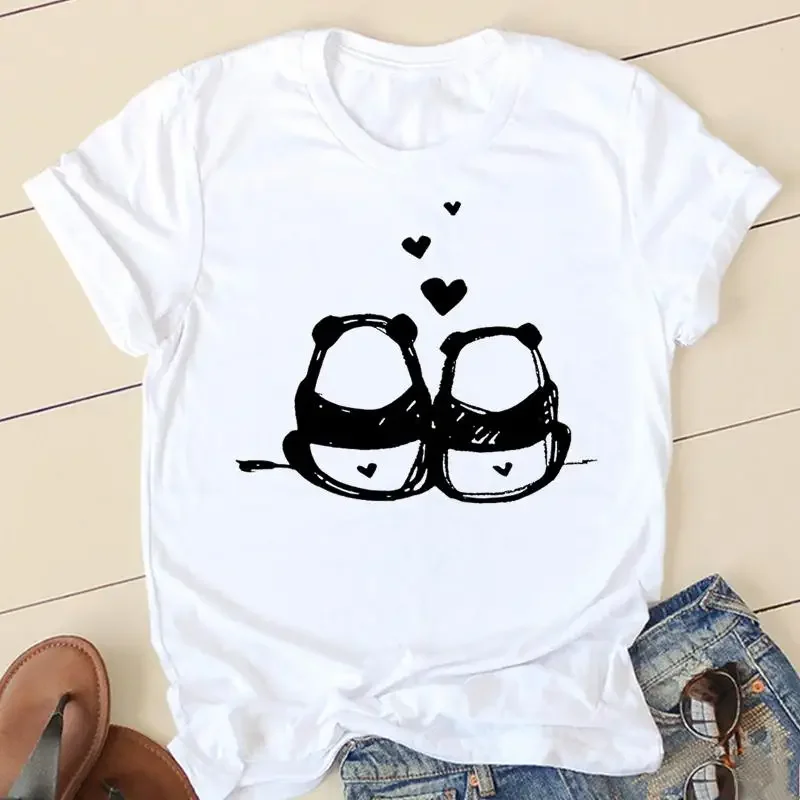 Camiseta de manga curta para as mulheres, roupas casuais, estilo panda, doce e adorável, moda, verão