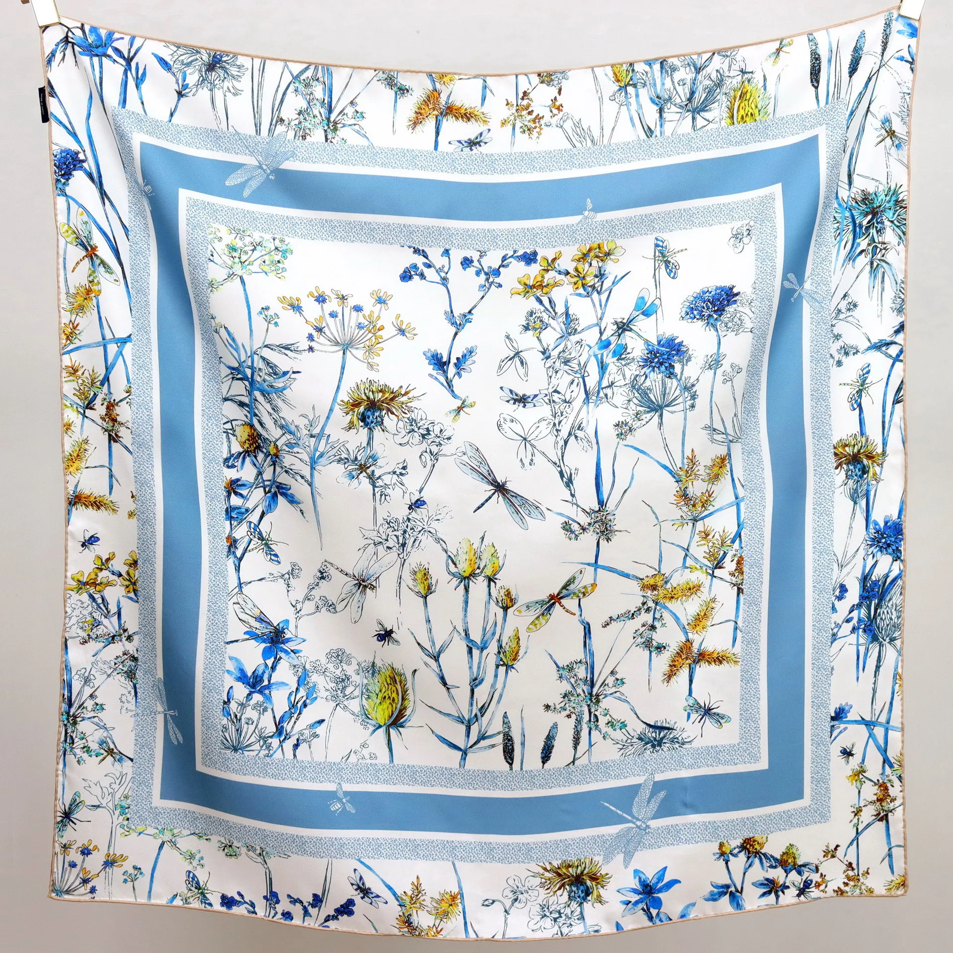 

High-end Elegant Women's Exquisite Dragonfly Garden Print Quality 14MM Twill Silk Hand Rolled Edge Large Square Scarf Shawl