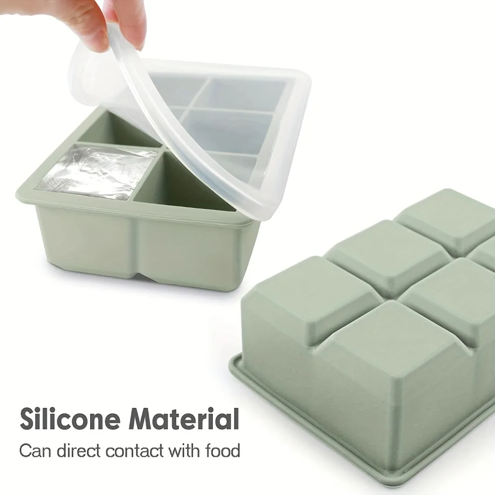 Seamless 6 Cavity Silicone Ice Tray with Lid Durable  Leak Proof Easy-Pop Flexible Ice Cube Maker for Whisky Cocktails Stackable