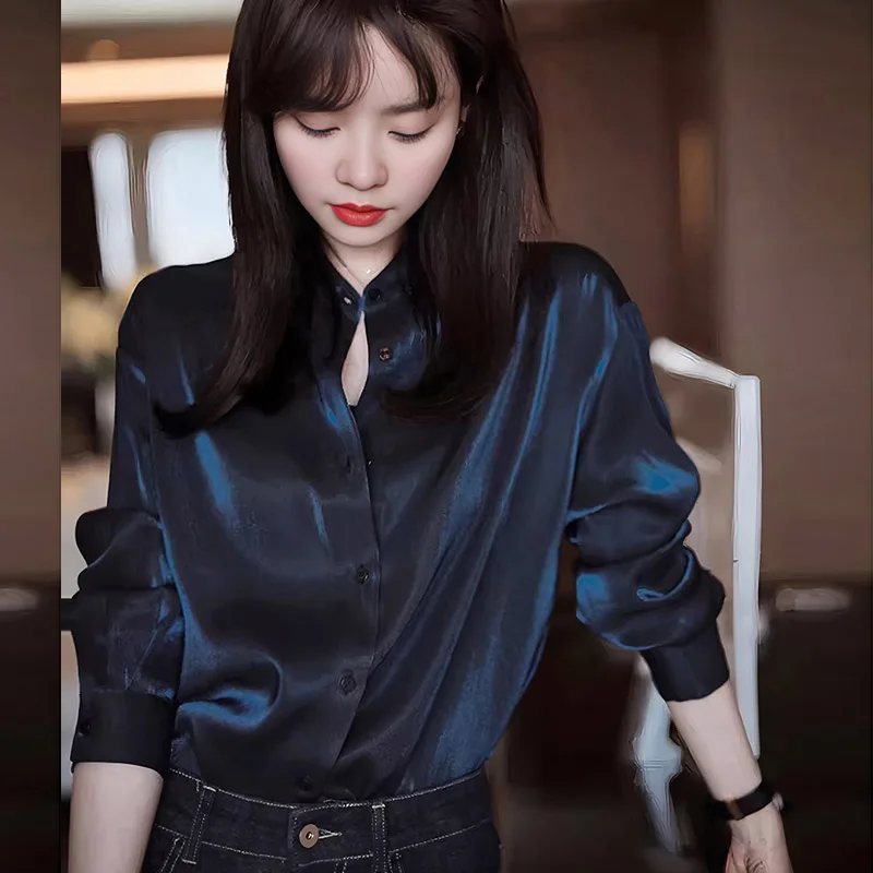 Blusas femininas vintage camisas de cor sólida moda solta verão roupas coreanas manga comprida gola virada para baixo cetim feminino topos