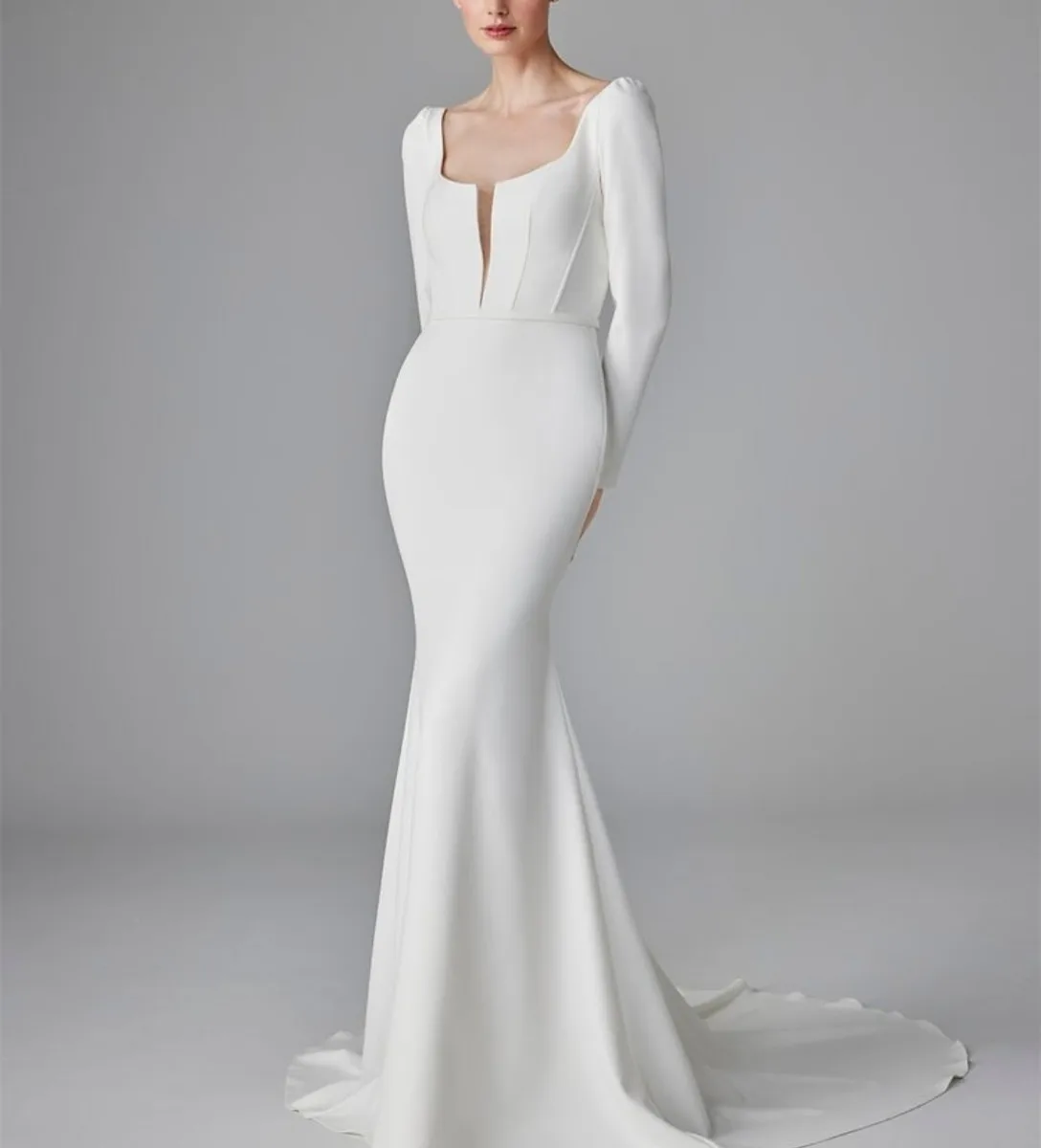 Customized Long Sleeve Square Neck Wedding Dresses Mermaid Crepe Sweep Train Vestidos de Novia Bridal Gown for Women