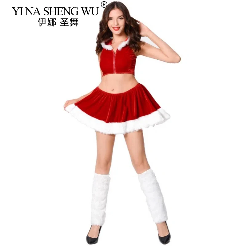 Women Sexy Plush Splicing Performance Costume Christmas Suit 3pc Top, Skirt, Foot Cover Christmas Performance Costume