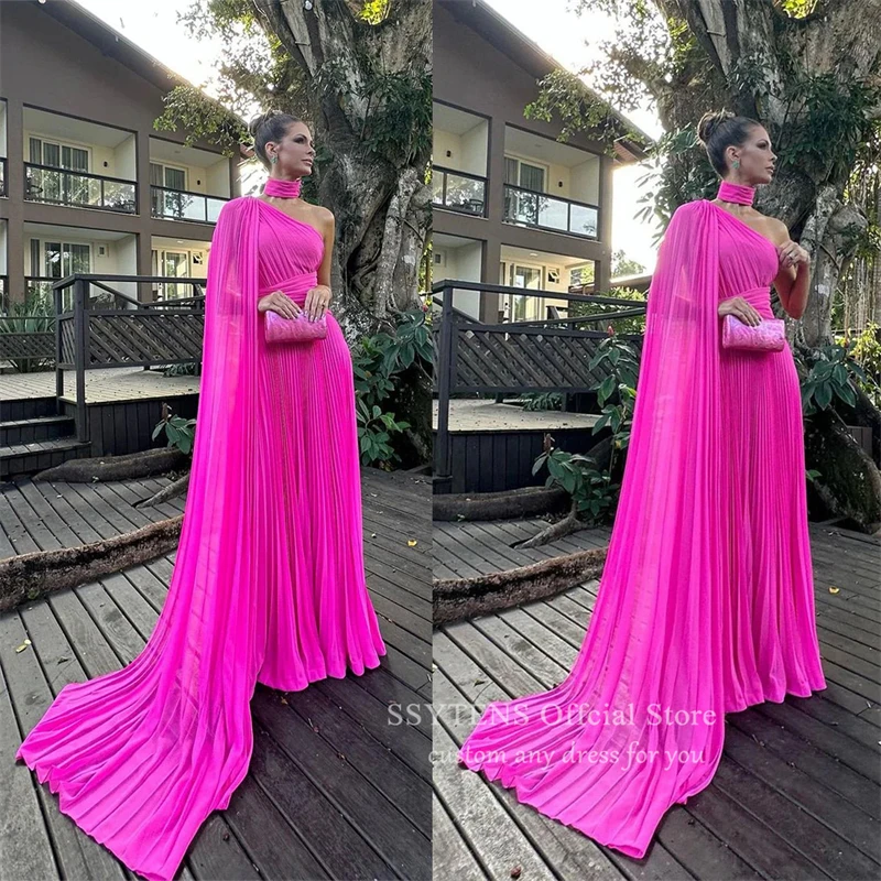 Elegant Pink Chiffon Prom Dresses Pleat Elegant One Shoulder Customized Beach Evening Party Dress Ladies Wedding Celebrity Gowns