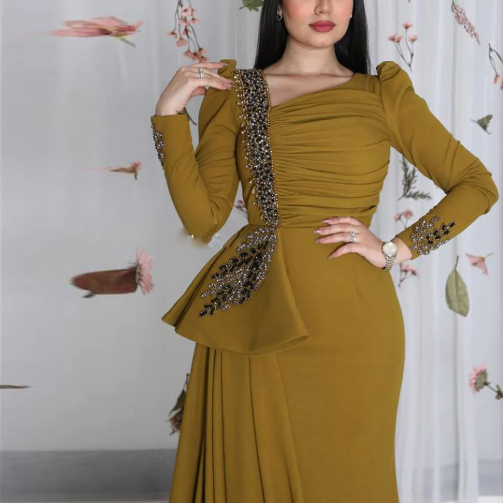 Customized Asymmetrical Neckline Evening Dress Bead Side Train Formal Prom Gown Long Sleeve Mermaid Arabic Dubai robe de soiree