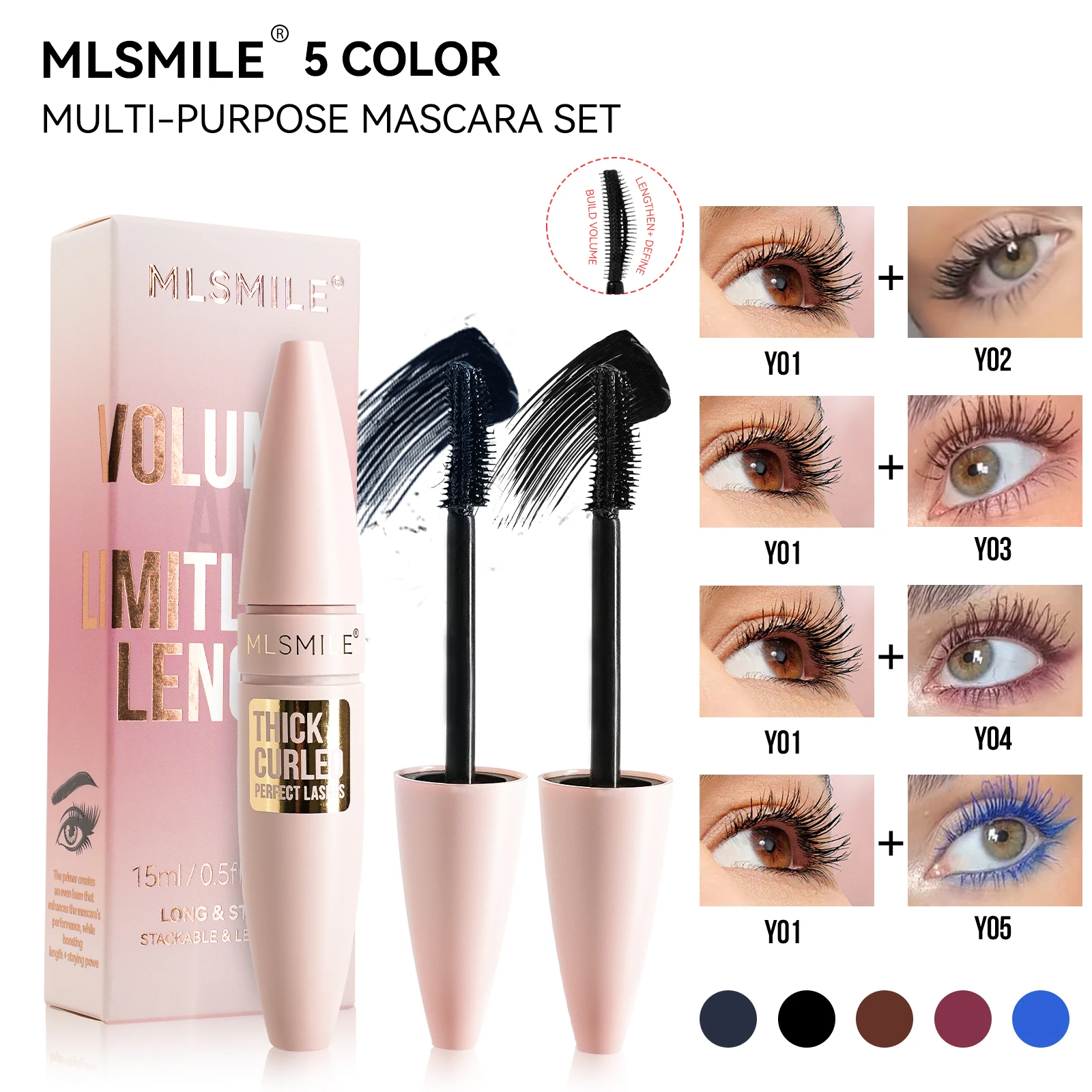 MLSMILE 2点セット 汚れない、長く、カールするベースコート + カラフルな、立体的なマスカラセット