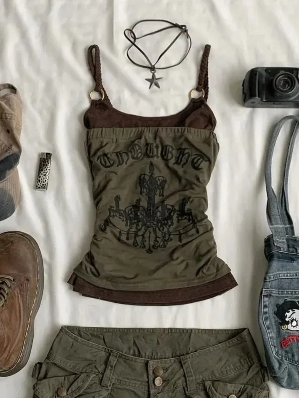 Aesthetics Sexy Sling T-shirts Goth Y2k Woman Punk Vintage 2-piece set Crop Top Backless Harajuku 2000s Sweet Letter Print Tees