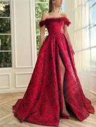 Luxury Red Off the Shoulder A-line Evening Dresses Women Long Printing Flower Corset Side Slit Backless Elegant Prom Dress 2024