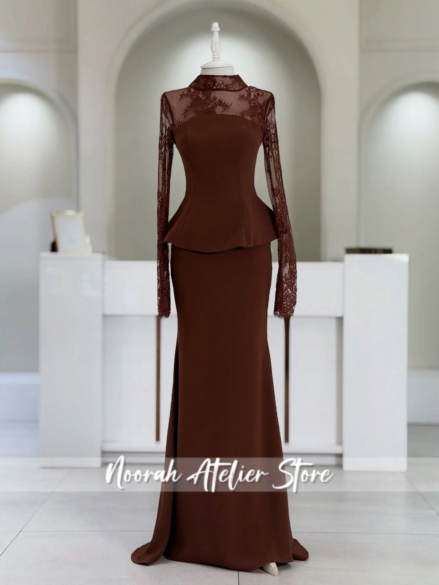 

New Elegant Brown Lace Long Sleeves Evening Dress 2026 Luxury 2 Pieces Women H N Prom Dresses Mermiad Formal Dress Customized