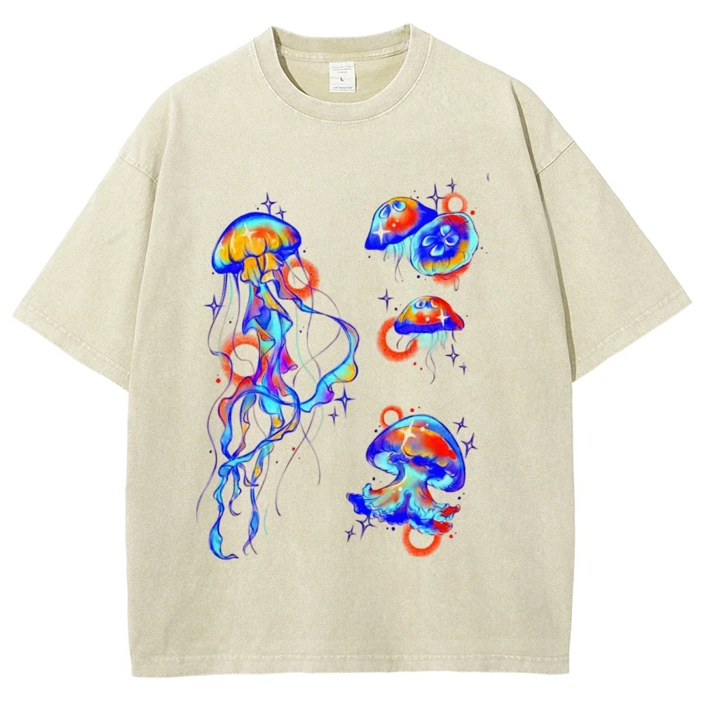 

100% Color Jellyfish Letter Print Couple Clothing T-Shirt Loose Retro Old Wash Designer New Trend Summer Fashion Short Sleeves