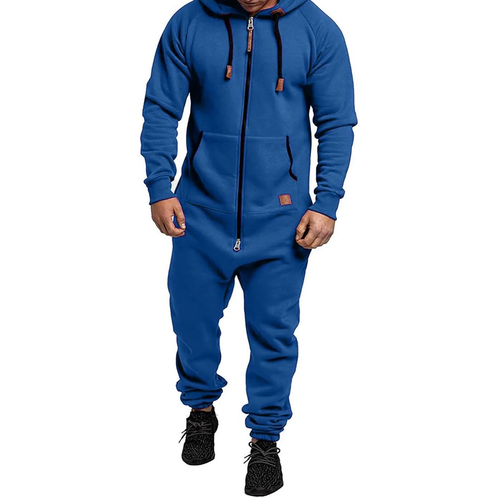 

Men's casual hooded fleece jumpsuit for autumn and winter solid color block casual zipper pocket set fashionable sportswear