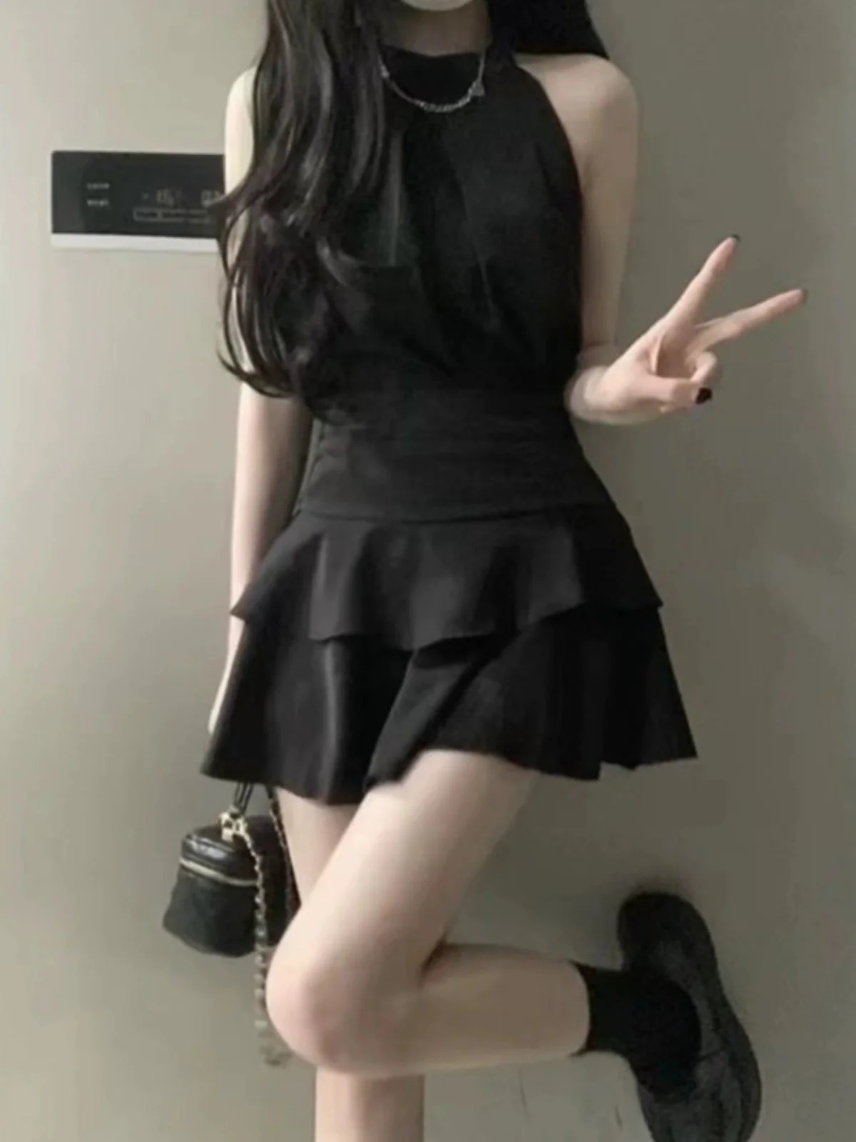 

Sweet And Spicy Sle ort Skirt Bla Set Women Summer Hanging Ne Top Skirt Spicy Girl Faion Two-Piece Set Pure Desire