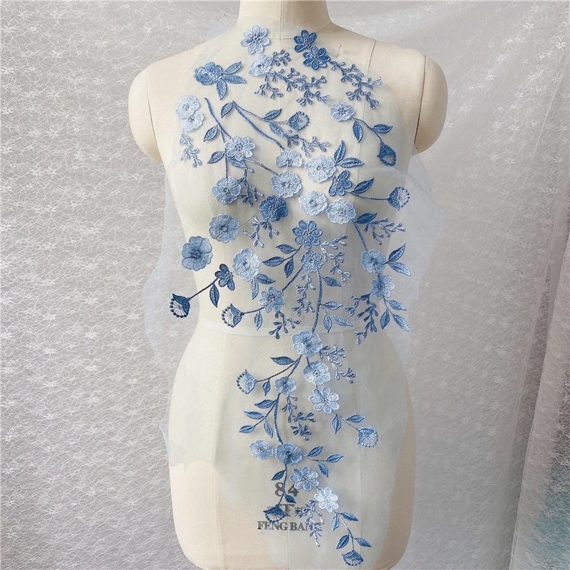 

2Pieces Blue Dress Applique DIY Bridal Headdress Clothes Fabric Sewing Supplies Craft Wedding Dress Applique