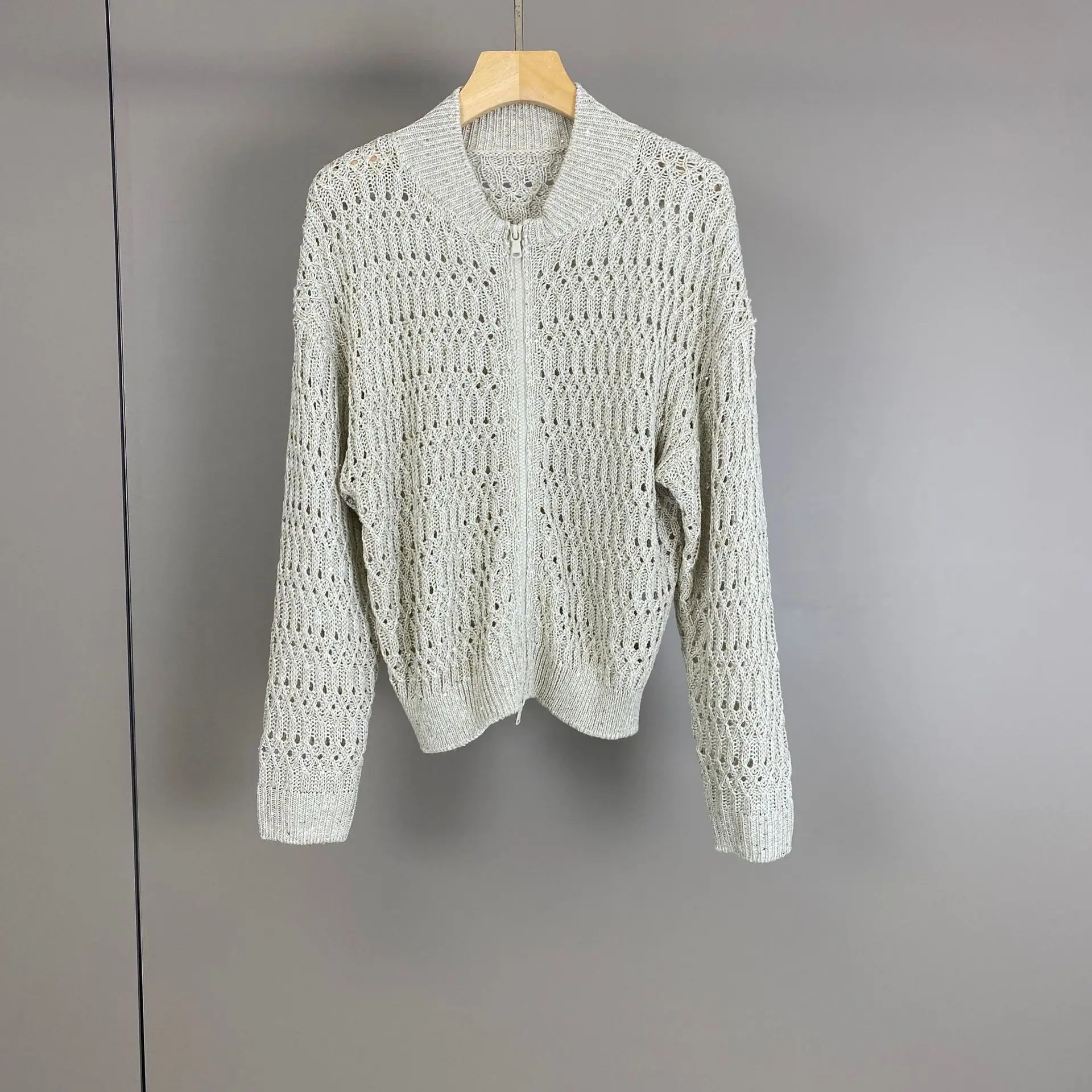Women's Spring Summer New Linen Round-Neck Cut-Out Sequin Knit Cardigan Fashion Commute Sweater Jacket