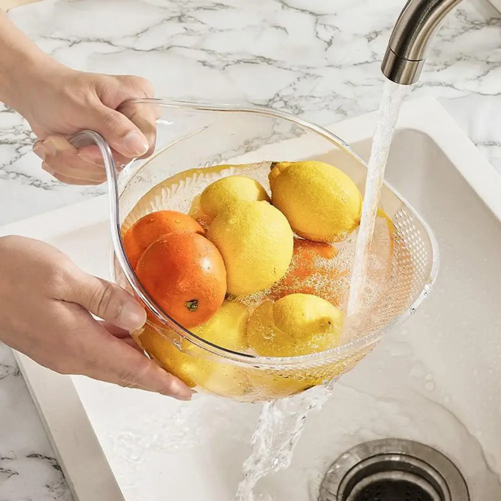 Multifunctional Drainage Basket Large Capacity Hollow Transparent Fruit Vegetable Drain Bowl Basket with Handle Kitchen Basket