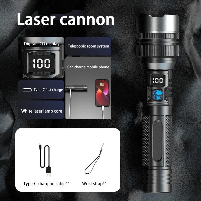 LED Display Laser Flashlight Super Bright Type-C Rechargeable IPX8 Waterproof Long Lasting Camping Emergency Flashlight