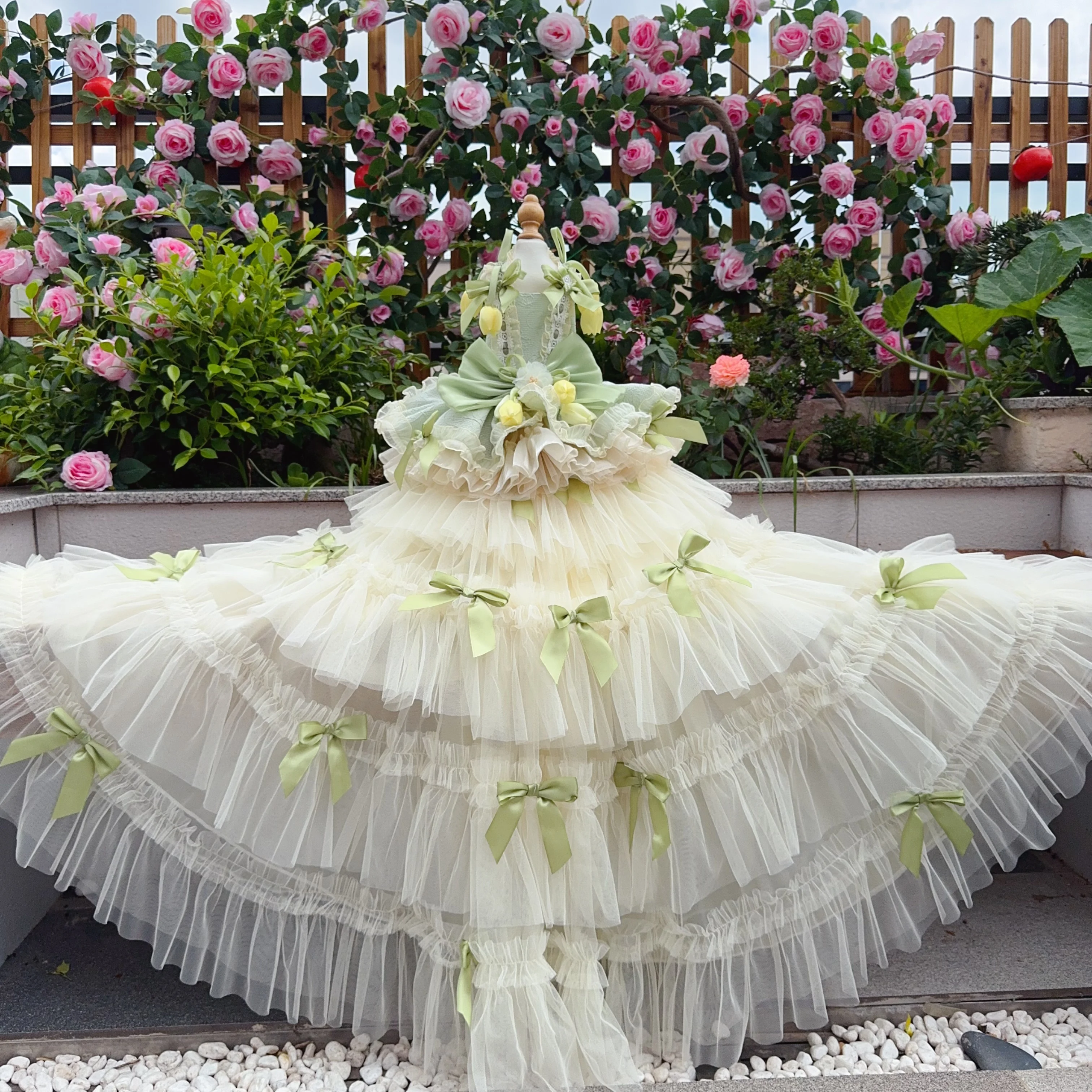 

Luxury Princess Handmade Wedding Dress for Small/Medium Pets | Long Train Bow Tie Pet Apparel - Photography/Birthday Gift Outfit