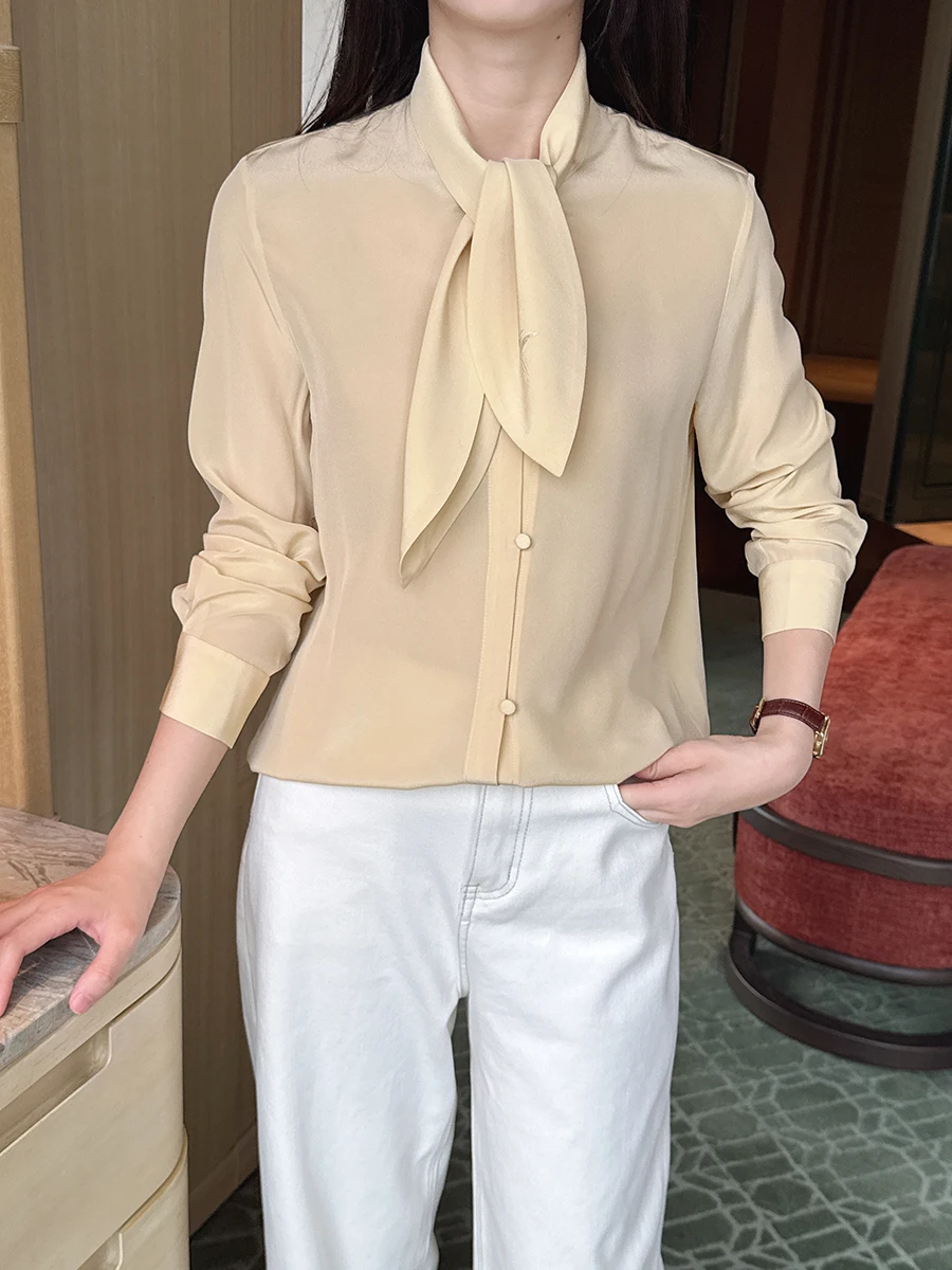 

Sand Yellow Silk irt with Dra Design And Sa Commute Sle Fitting Long Sve Women's Premium Quali Chine...