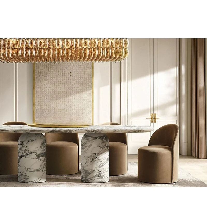 Natural marble dining table, modern rectangular 8-person dining table