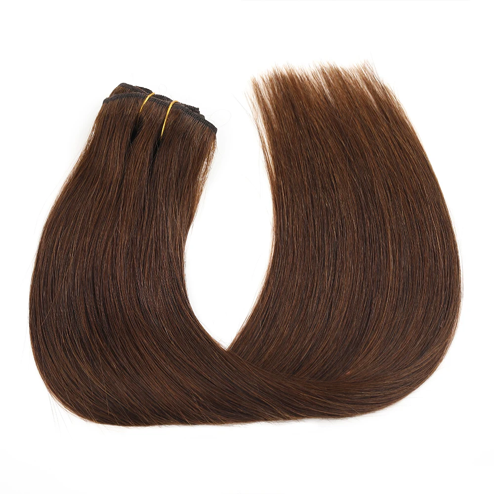 Extensiones de cabello humano Remy para mujer, pelo liso de doble trama, 7 piezas, con Clip, color marrón, 12-18 pulgadas