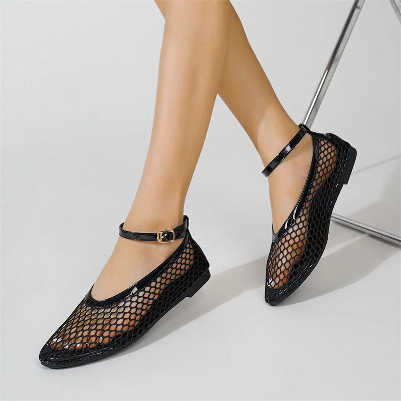 Hollow Out Mesh Mary Jane Shoes sandali estivi stringati da donna punta tonda Shallow Flat Ballet Single Shoes sandali Casual da donna