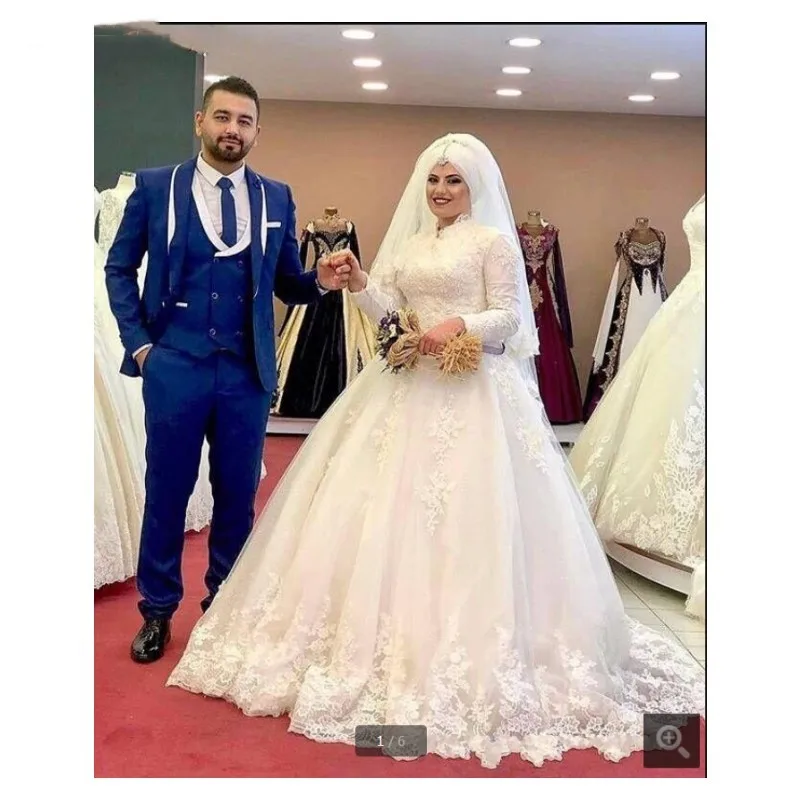 Luxury Muslim Wedding Dress White Long Sleeves Beaded Applique Islamic Hijab Bridal Gown Arabic Dubai Kaftan Vestidos De Fiesta