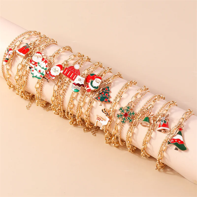 Aihua Fashion Christmas Bracelet Ornaments Christmas Tree Bell Deer Santa Snowflake Bracelets for Women New Year Jewelry Gifts