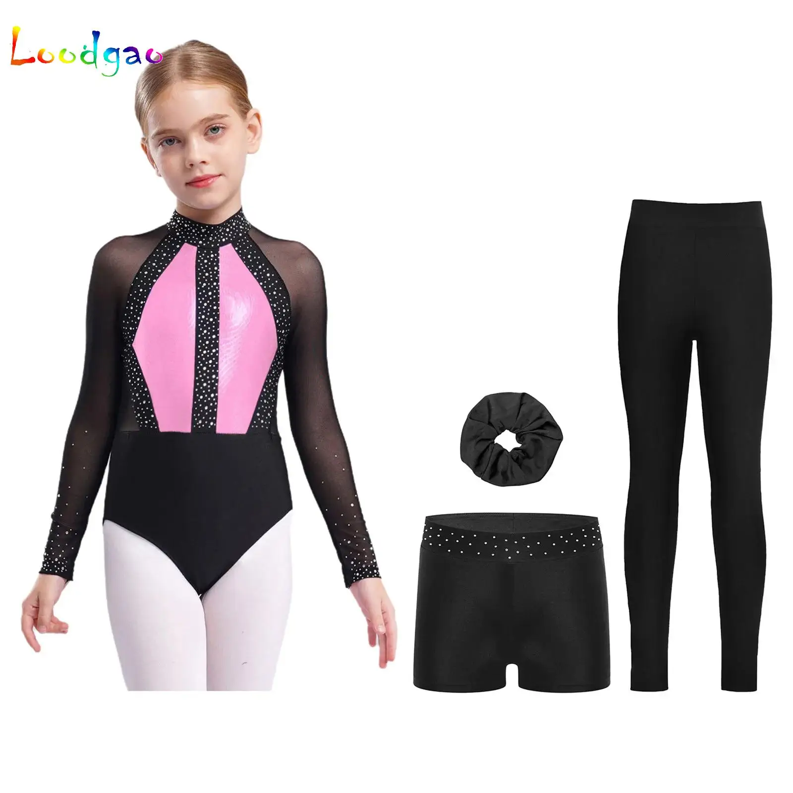 

Girls Figure Skating Outfits Set Gymnastic Leotards Long Sleeve Unitard Sparkly Tumbling Dance Leotards for Kids Sportswear Suit