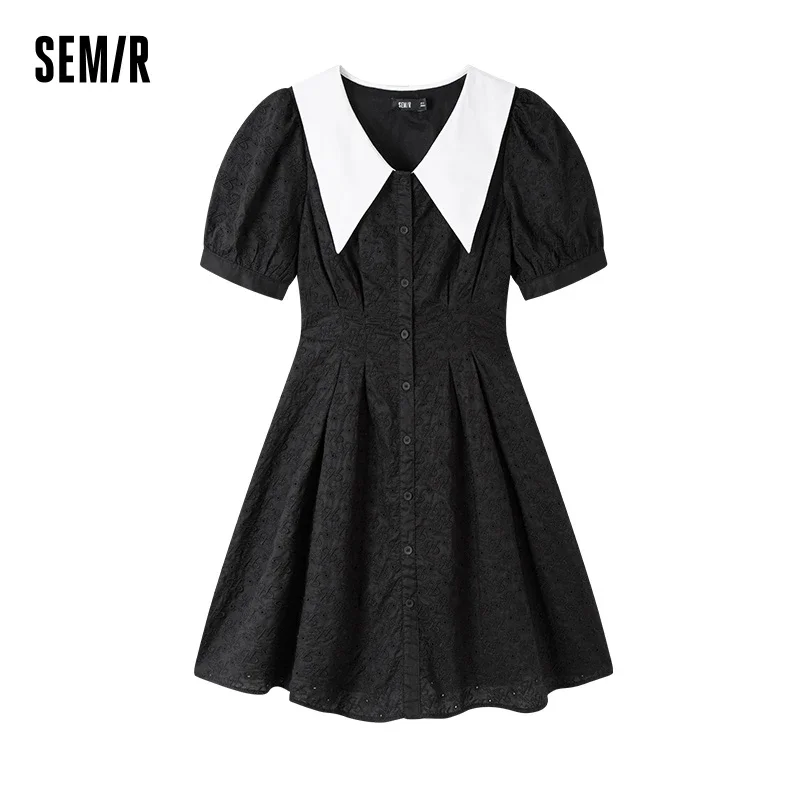 Semir 2024 Dress Women Embroidered Puff Sleeves Summer New Style Large Lapel Waist Short Skirt Fashion