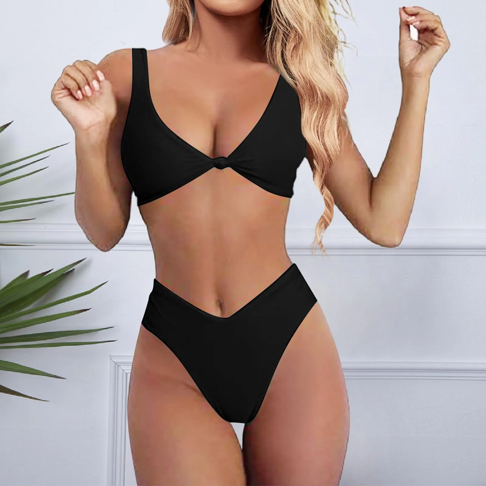 

Sexy V-Neck Bikinis Sets Padded Push Up Swimsuits Women 2024 Solid Color Two-Piece Swimwear Thong Biquinis Feminino