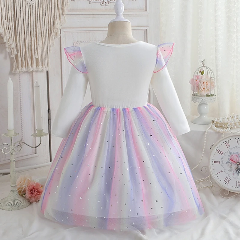 Girls Birthday Dress Fancy Colorful Long Sleeve Princess Dress with Sequin Decor Cute Tulle Tutu Fall Spring Cotton Casual Dress