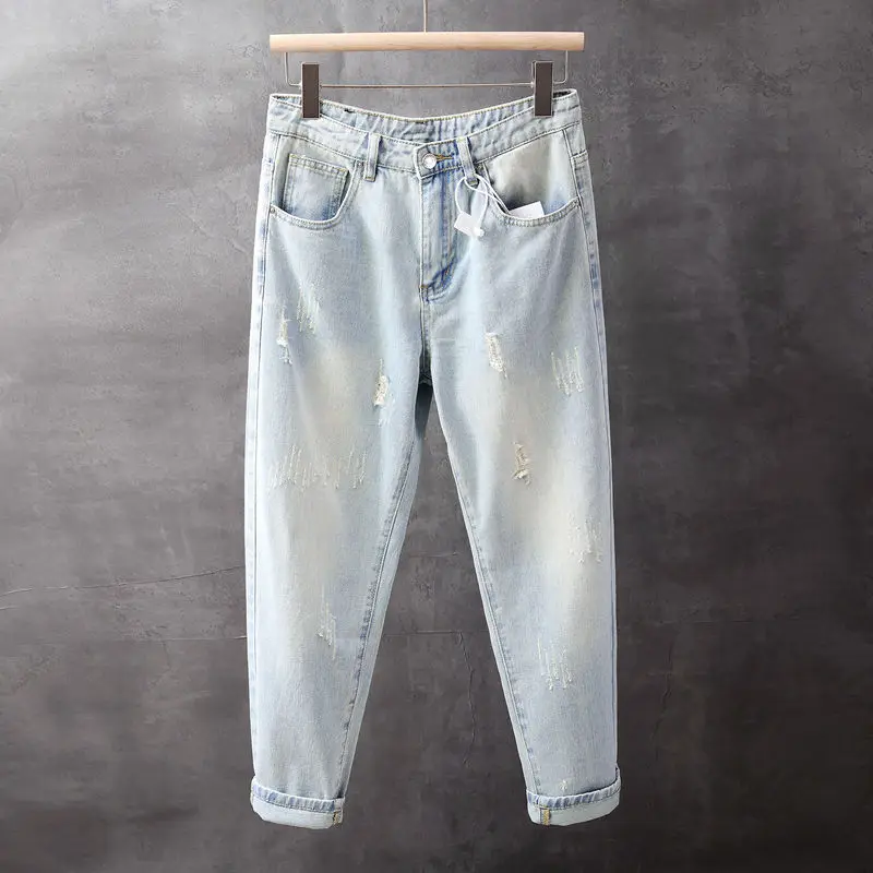 Primavera novas calças jeans masculinas retro lavado buraco quebrado cor clara verão fino micro cone haren calças de nove pontos