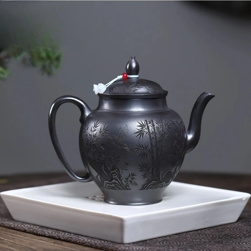 Yixing purple clay teapot, original ore, yellow clay, fully engraved with panda palace lanterns, Kung Fu tea set, Chinese teapot