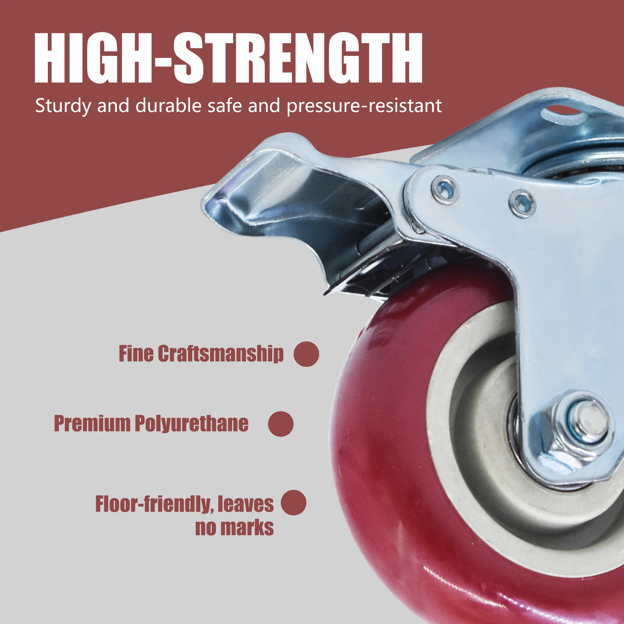 4インチ レッド キャスター ホイール 全方向回転キャスター ブレーキ付き 4個パック