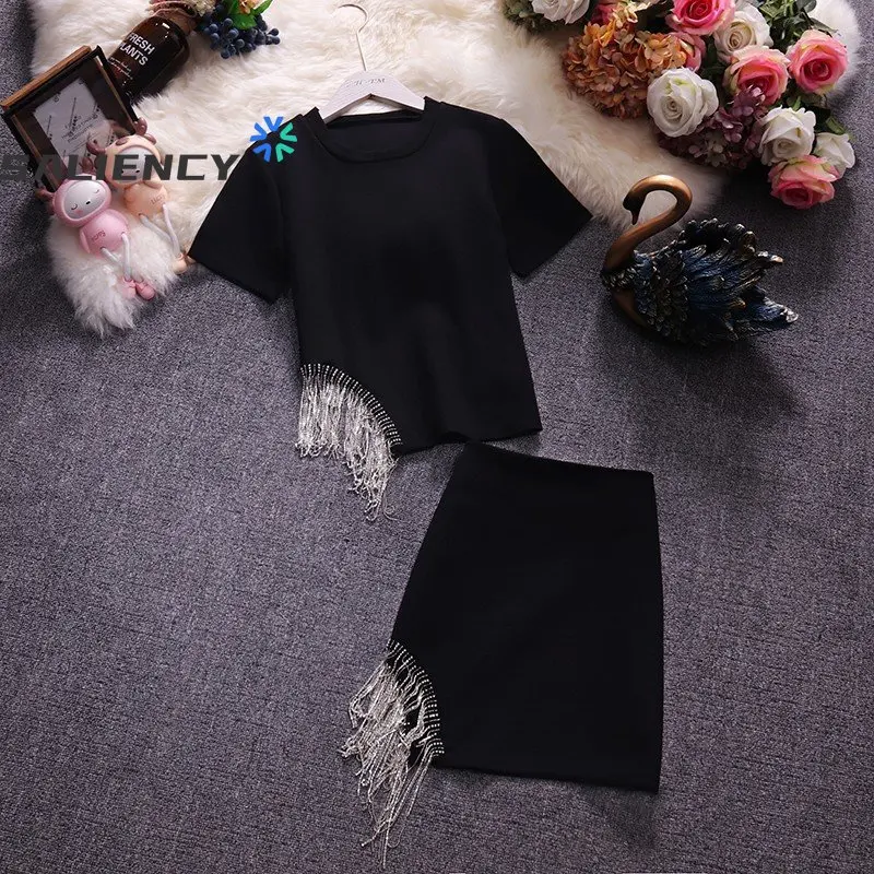 Irregular Diamond-studded Tassel Short T-shirt Women 2021 Summer New Slim Round Neck Top + Mini Skirt Sexy Two Piece Set 두조각 세트