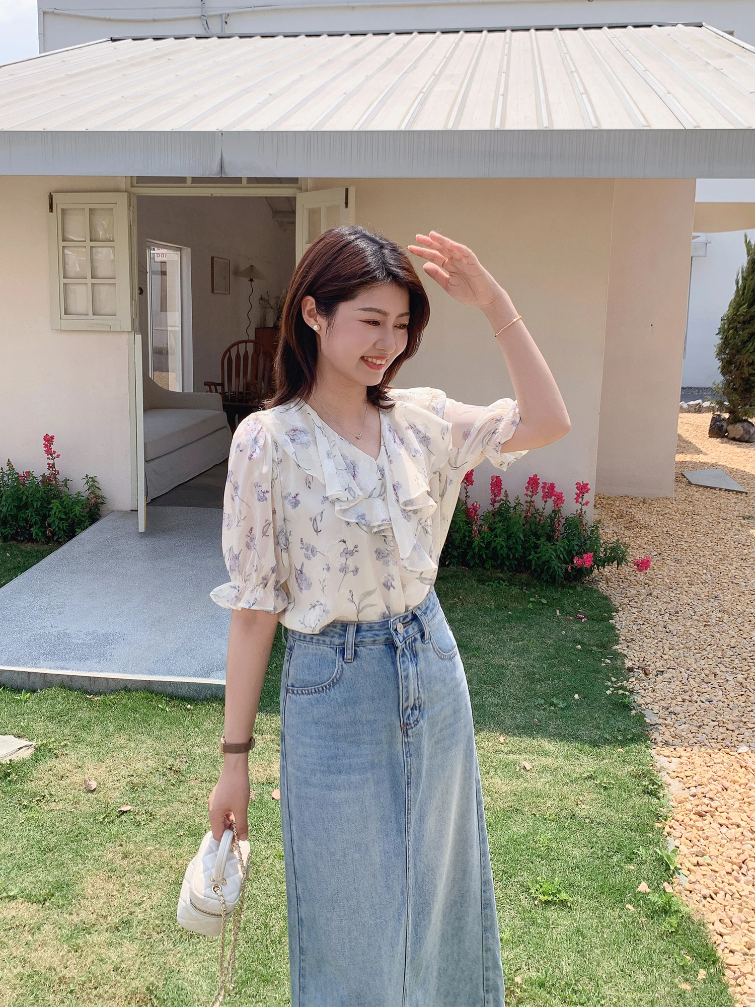 

Zillal Summer Floral Print V-Ne ort Sve Women's irt Chiffon Lace Hemline Versatile Casual Sle Polyester Fiber