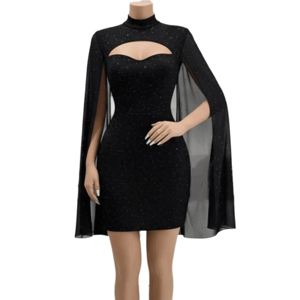 

Elegant Sparkling Chiffon Cape Red Dress A-line Hollow Out Women Glitter Party Dress Half Neck Skirt Slim Evening Dress Club