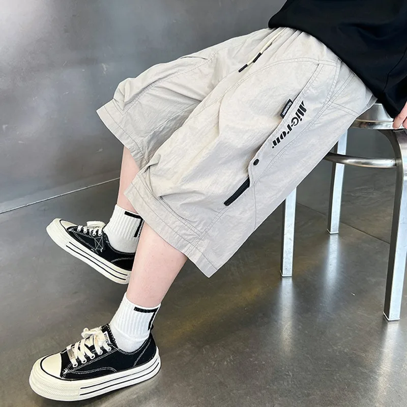 2026 Boys Sports Shorts Fashion Sweatpants Summer Kids High Street Trend Casual Shorts Quick Drying Breathable Grey Short Pants