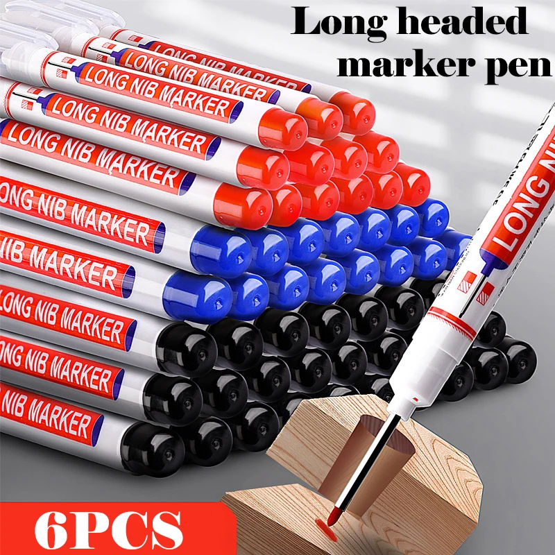 6Pcs/Set 20mm Deep Hole Long Nib Head Markers For Metal Perforating Pen Waterproof Bathroom Woodworking Decoration Multi-Purpose