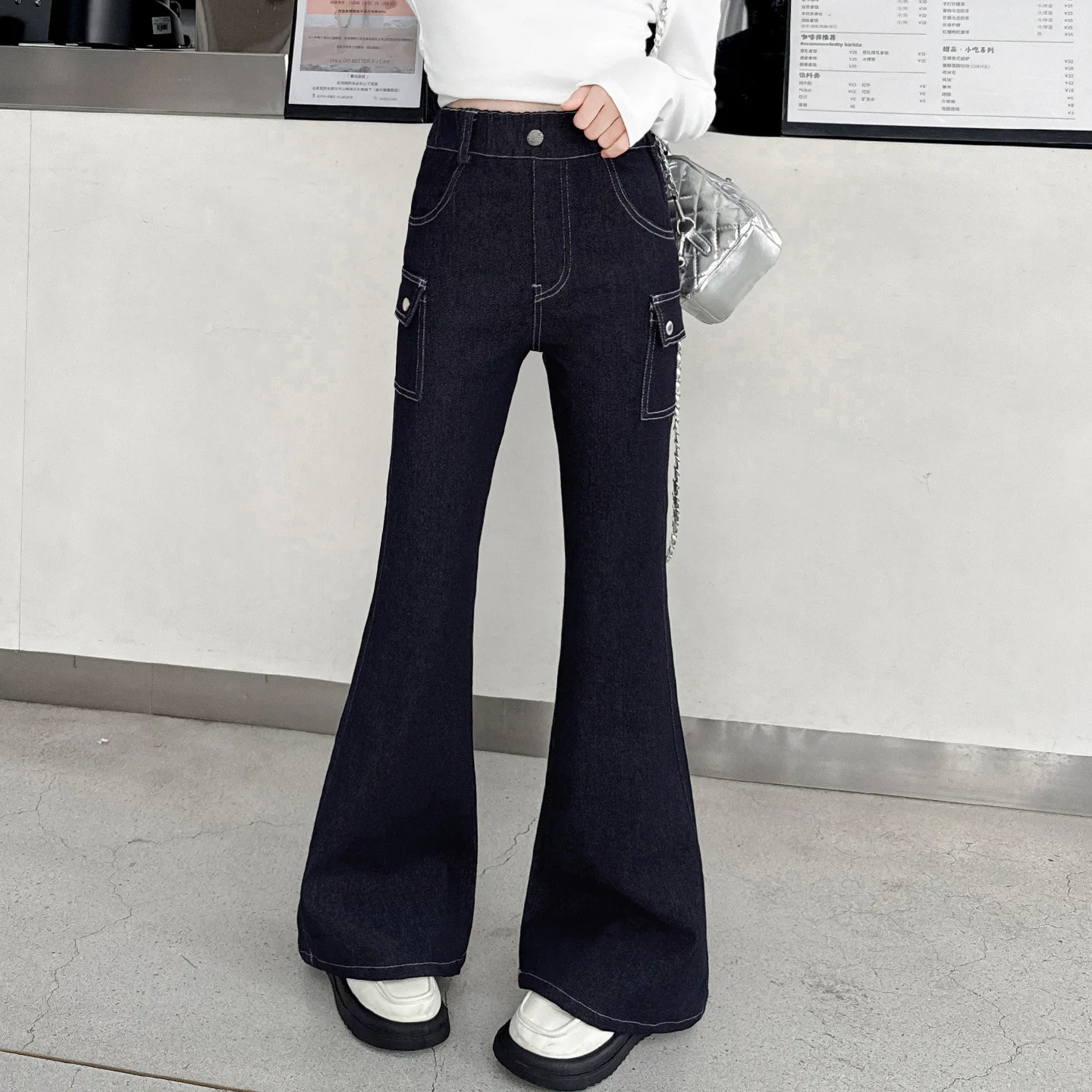 

Брюки Bootcut для маленьких девочек, осенние корейские повседневные однотонные детские брюки с карманами для девочек, универсальные брюки со средней талией для девочек-подростков