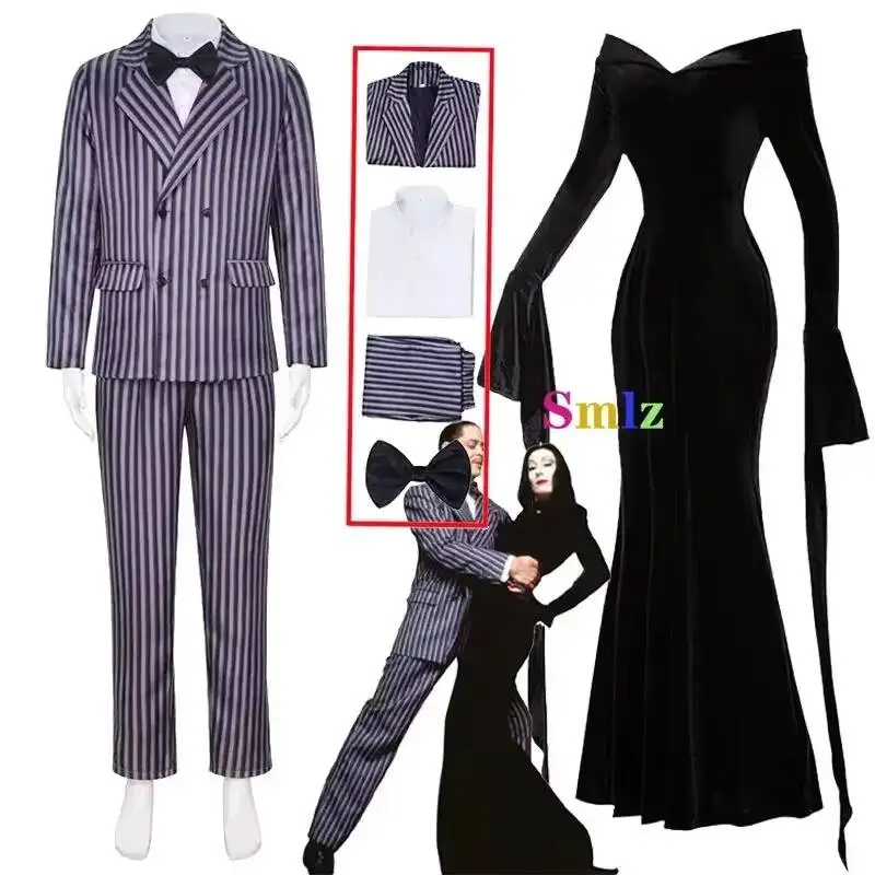 

Gomez Addams Cosplay Anime Morticia Costume Dress Halloween Carnival Outfit Adult Kid Coat Shirt Pant Tie Suit Party Uniform