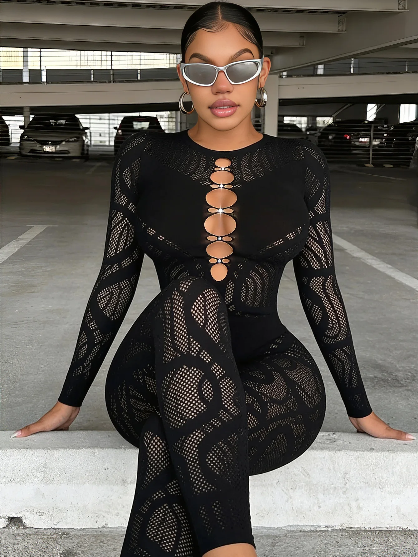 Sexy Hollow out Long Sleeve Jumpsuit High Elastic Striped round Neck Top for Women Fashionable Trendy Polyester Fabric T-Shirt