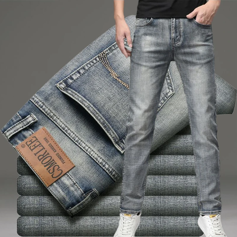 

Men High End Vintage Slim Fit Jeans Male Warm Heavyweight Denim Pants Daily Straight Versatile Casual Vintage Grey Trousers