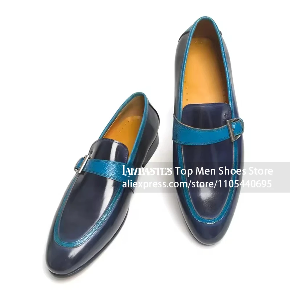 Navy Blue Contrast Buckle Penny Loafers Almond Toe Burnished Leather Metal Buckle Leather Shoes Business Casual Loafers for Men - view 3