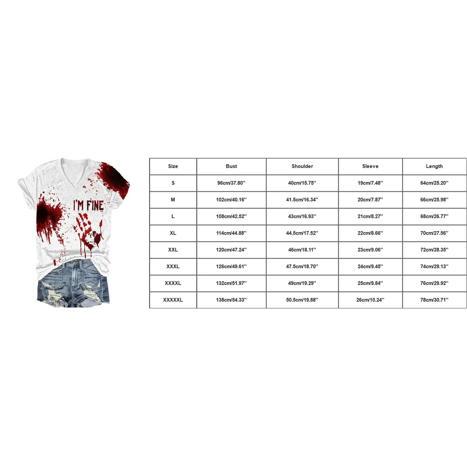 Camiseta de manga corta con cuello en V para hombre y mujer, camisa de manga corta con estampado "I'm Fine Bloody" para fiesta de Halloween