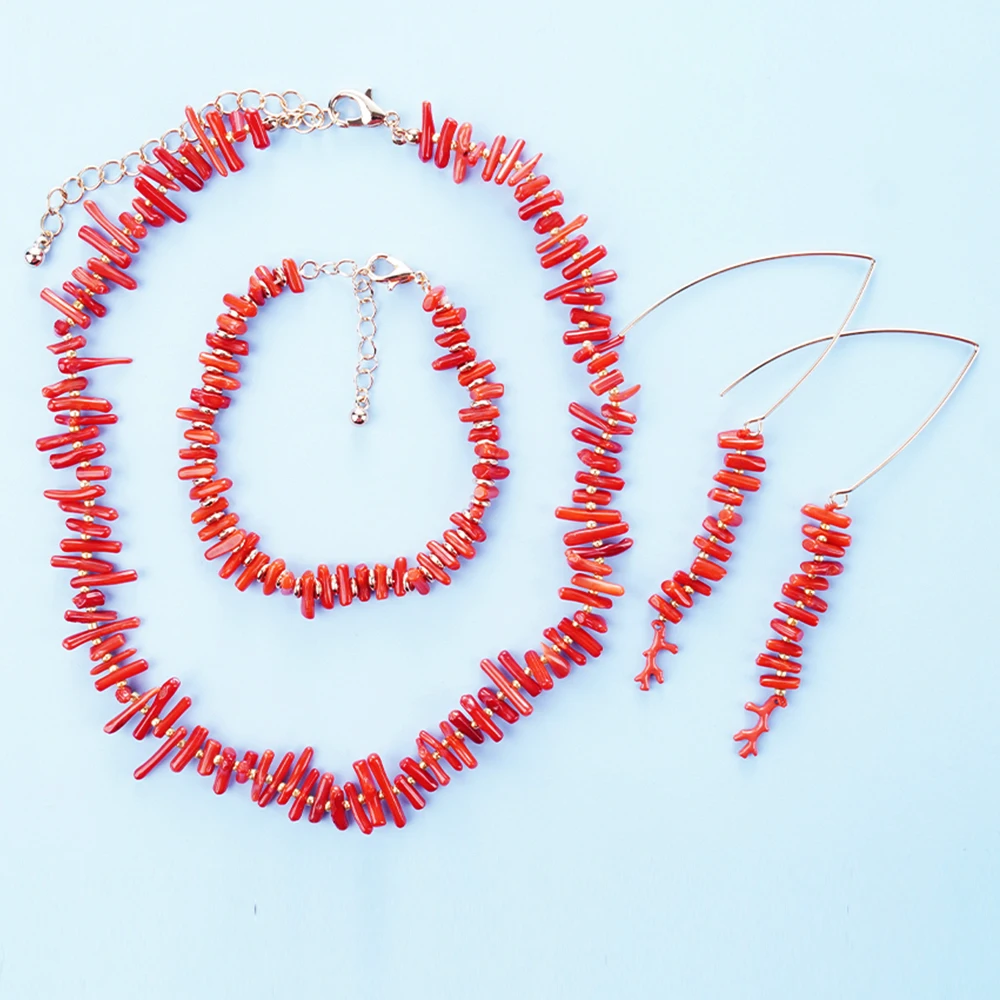 WealthyBoo Antique Red Coral Beads Jewelry Set Bracelet Earring set Charms Bohemian Vintage Stone Necklace Official-Website