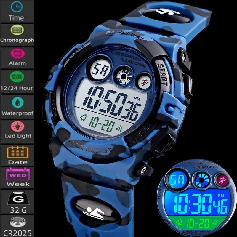 Skmei Digital Watches for Kids Colorful LED Sports Waterproof Chronograph Camouflage PU Strap Boy Girl Wristwatch