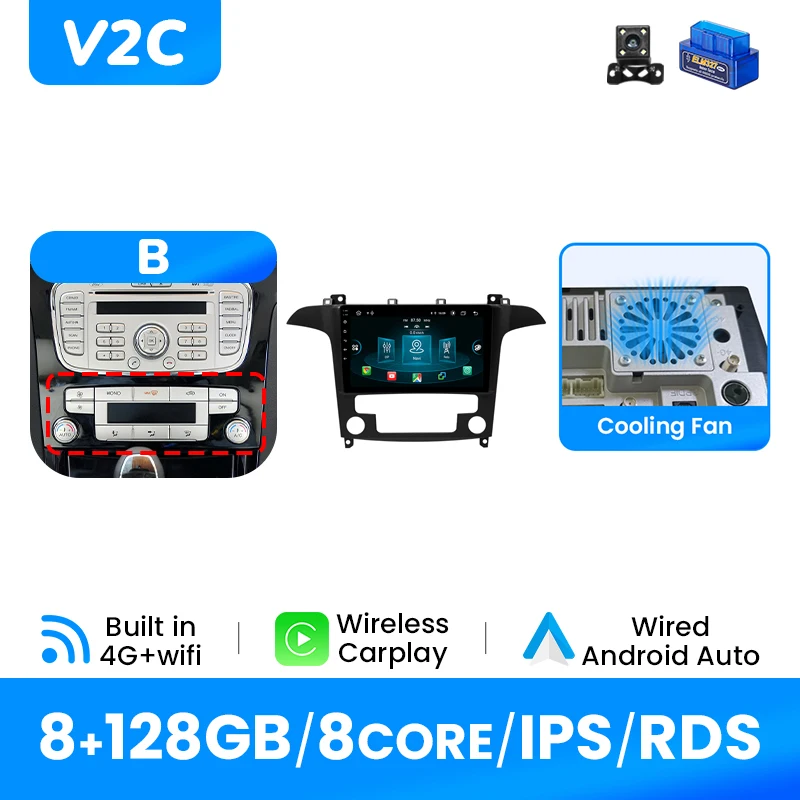 Draadloze Carplay Autoradio Speler Voor Ford S-Max 2007-2015 Android14 Auto 4G Wifi Multimedia GPS DSP 1280*720 IPS Scherm Geen 2Din