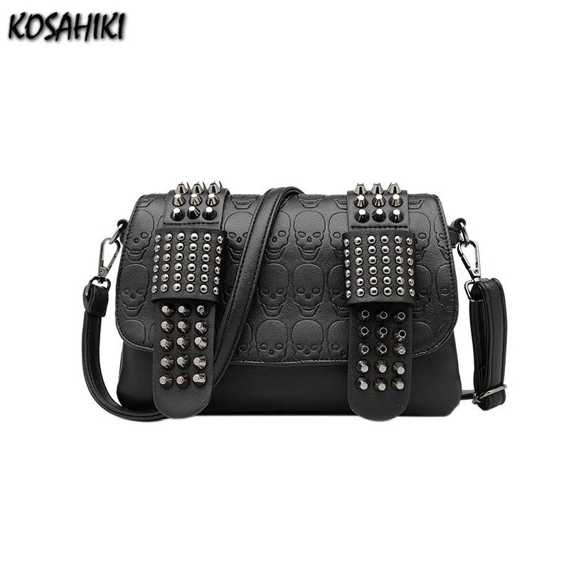 Personality Fashion Trendy Women's Handbags Streetwear Y2k Aesthetic Skull Crossbody Bag Korean Gothic Punk Rivet Shoulder Bags