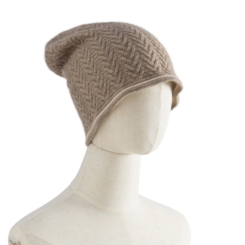 

100% кашемир, женская толстая вязаная шапка из пшеницы с цветными ушками и контрастными свернутыми краями, зимняя теплая шапка с защитой ушей, ворсовая шапка