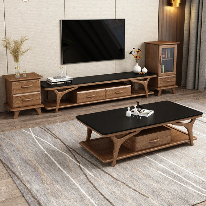 

Nordic new Chinese style marble burning stone all solid wood coffee table TV cabinet combination ash wood modern simplicity